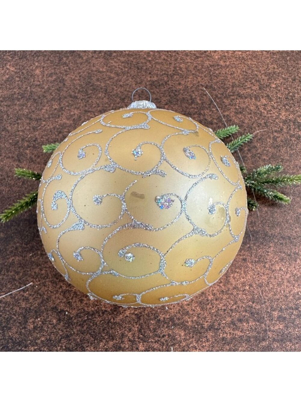 Vintage Gold Glass Ornament with Glitter Scrolls As-Is